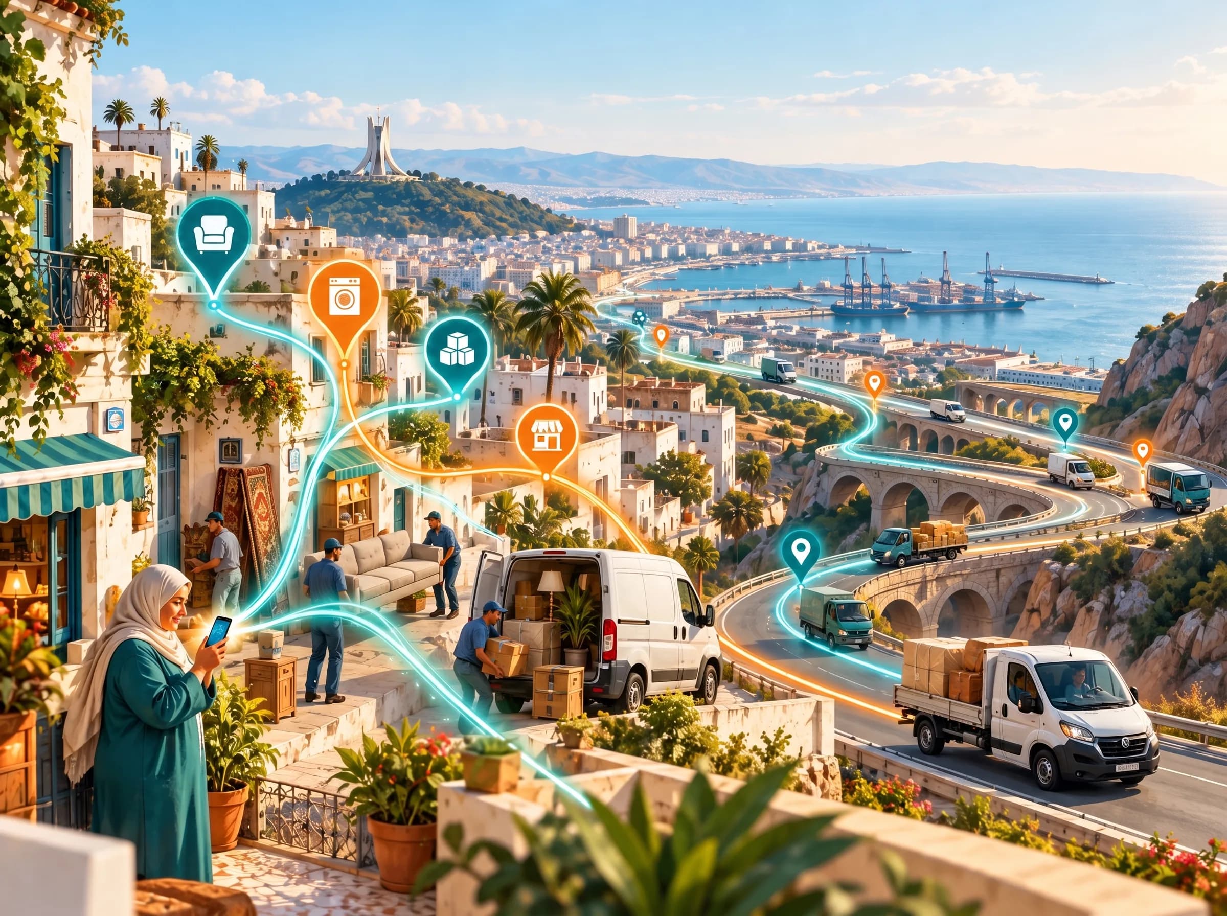 Illustration of a Mediterranean coastal town: residents with furniture, boxes and crates, linked by orange and teal light trails to the small trucks driving along the road