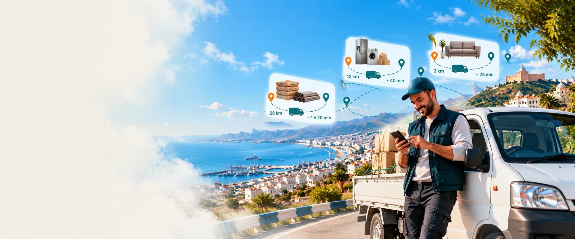 A transporter leaning on his pickup truck browses transport requests on his phone, above the bay of Algiers.